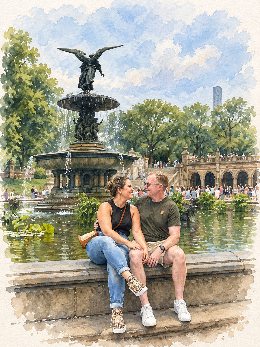 Cesia y Brian sentados junto a la fuente Bethesda en Central Park, Nueva York