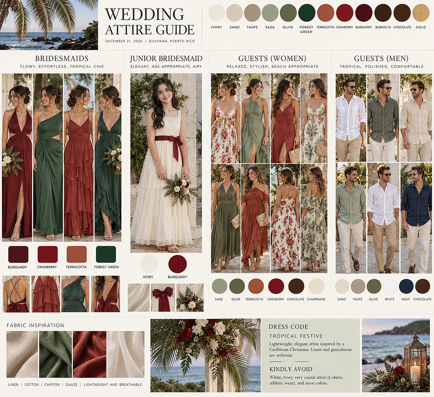 Guía de vestimenta: paleta de colores (ivory, sand, taupe, sage, olive, forest green, terracotta, cranberry, burgundy, chocolate, gold), ejemplos para damas, junior bridesmaid, invitadas e invitados, telas sugeridas y el código de vestimenta Tropical Festive