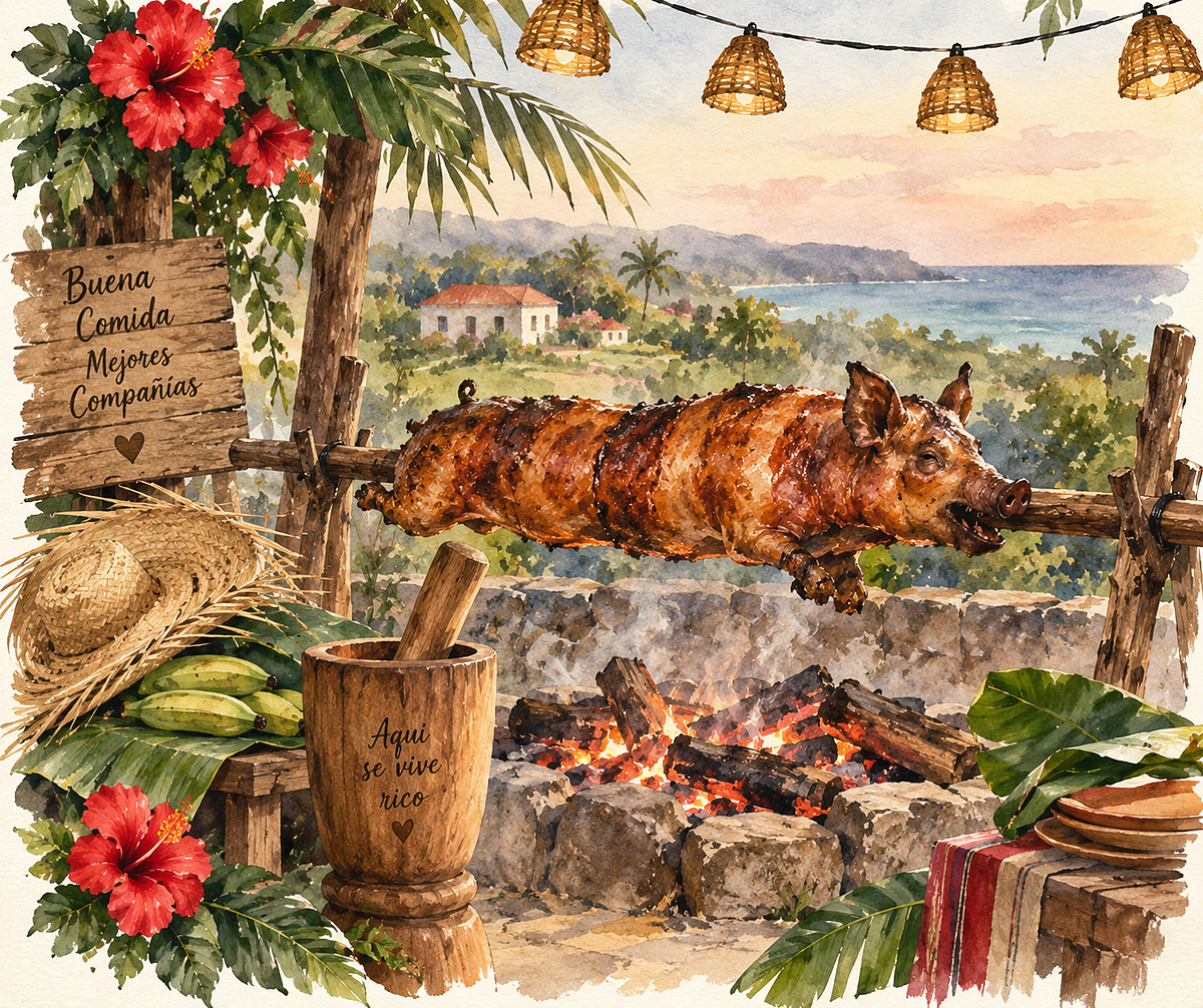Acuarela de un lechón asado a la varita sobre el fuego, con un letrero de madera que dice Buena Comida Mejores Compañías, una pava de paja, plátanos, un pilón y la costa al fondo