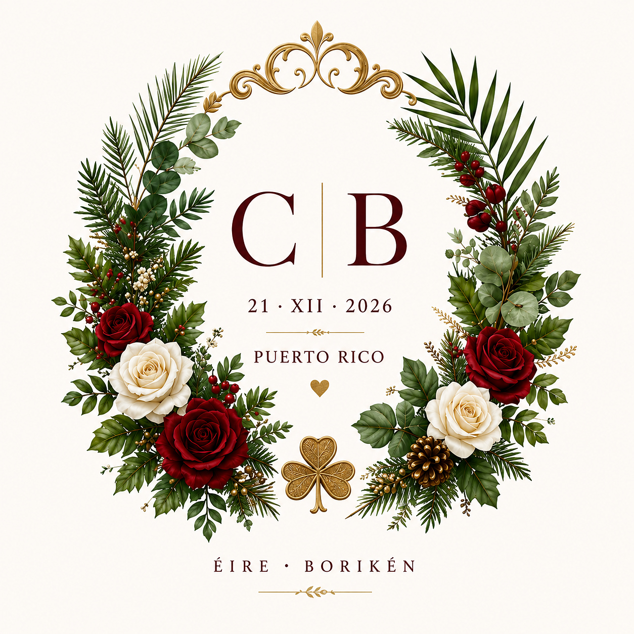 Escudo de boda: corona de rosas, palma y pino con el monograma C y B, la fecha 21 · XII · 2026, Puerto Rico, un corazón y un trébol dorado, sobre las palabras Éire · Borikén