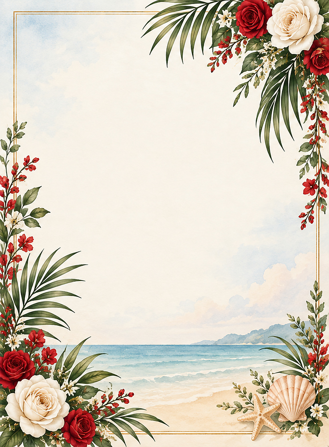 Marco en acuarela con rosas rojas y blancas, palmas y conchas, frente a una playa del Caribe