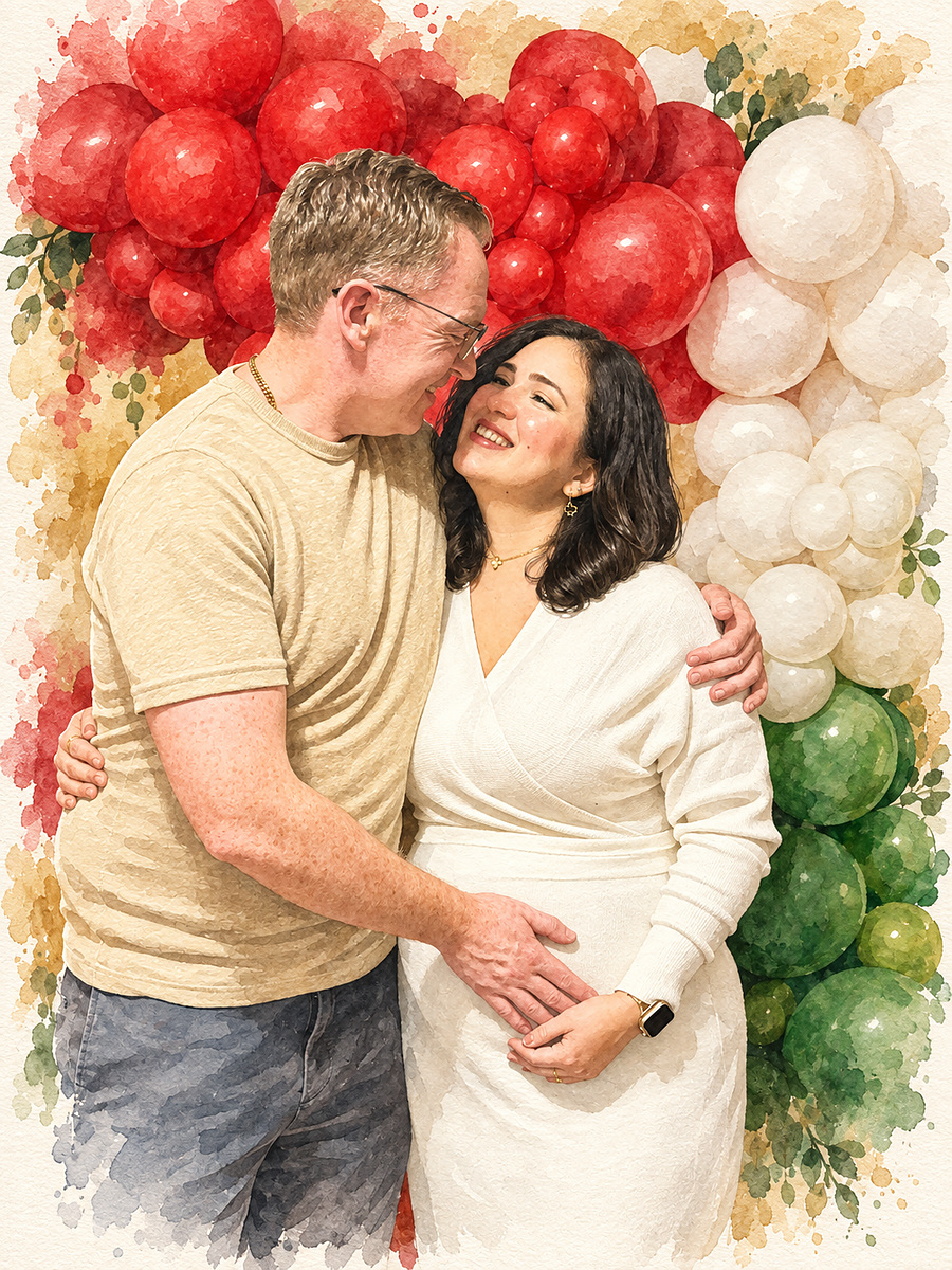 Cesia y Brian abrazados frente a globos rojos, blancos y verdes, con las manos sobre su barriga