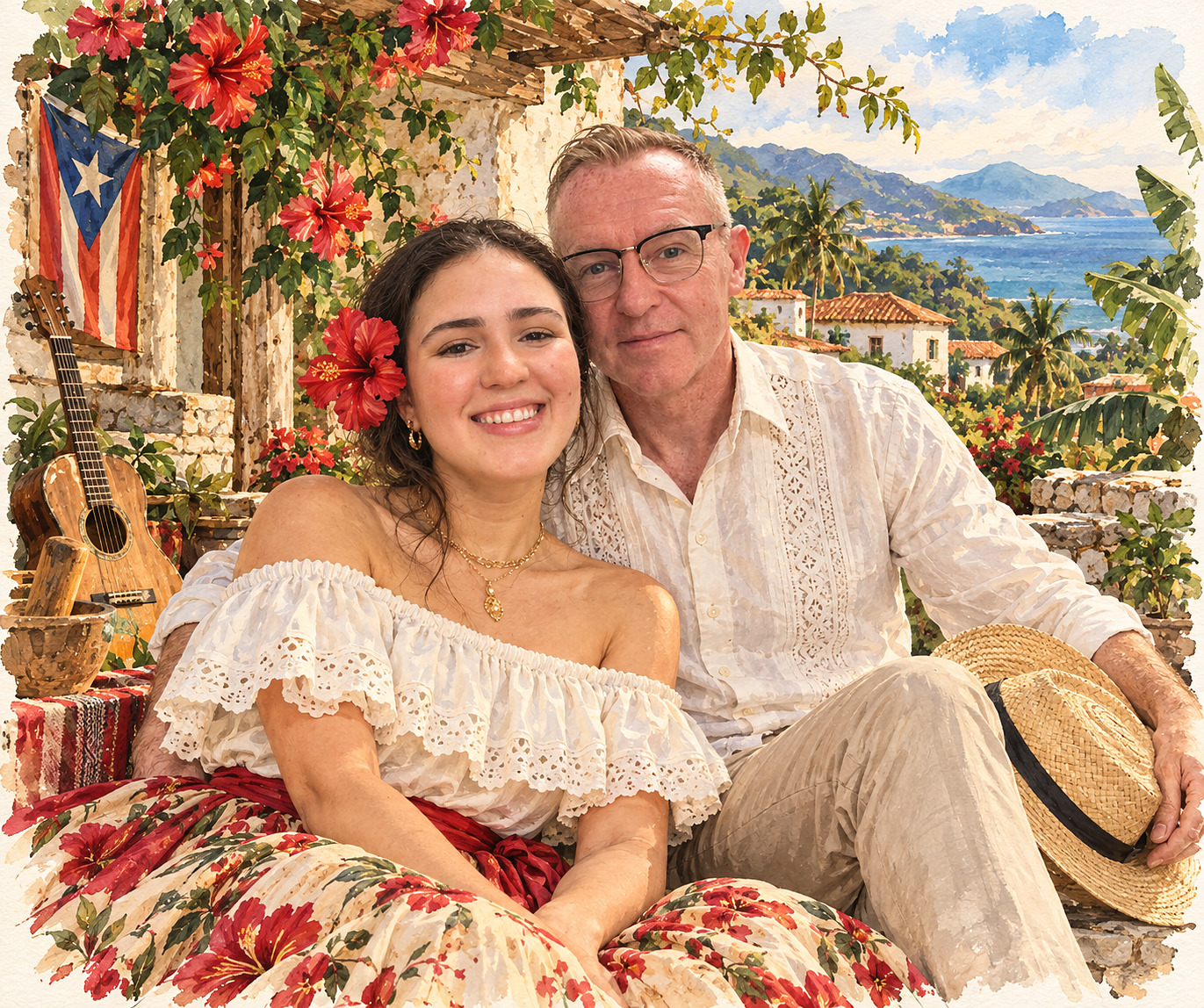 Acuarela de Cesia y Brian en traje jíbaro: ella con blusa de hombros descubiertos, falda larga floreada y una amapola en el pelo; él con guayabera blanca, pantalón de lino y la pava en la mano, junto a un cuatro, la bandera de Puerto Rico y la costa al fondo